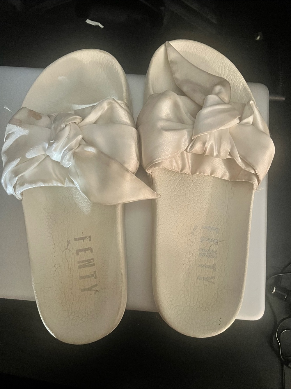 Fenty Beauty Cream Satin Bow Slide Sandals - Ivory Tied Bow
